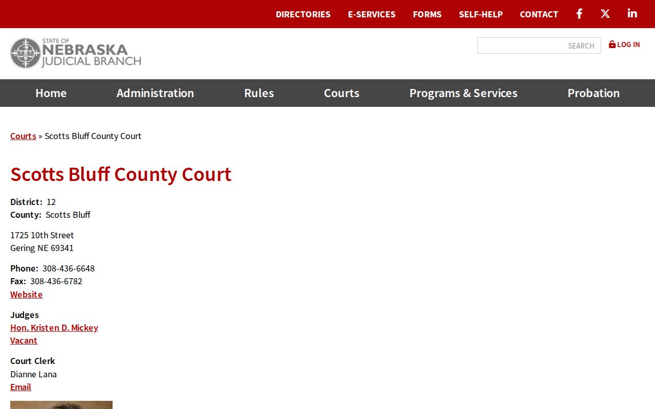 Nebraska Judicial Branch directory entry for Scotts Bluff County Court