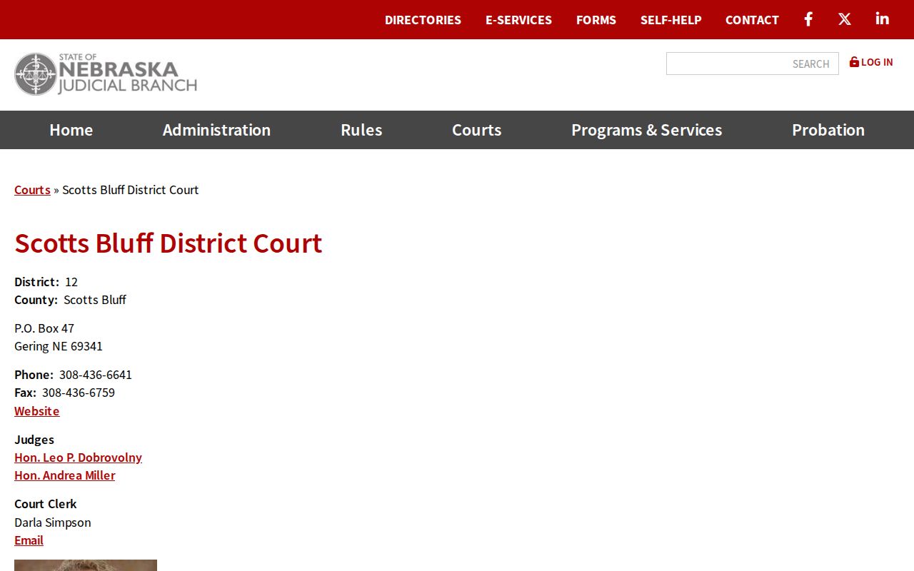 Nebraska Judicial Branch directory entry for Scotts Bluff District Court