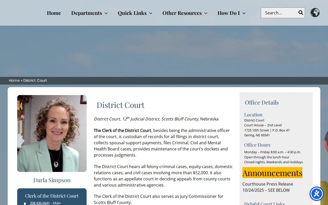 Scotts Bluff District Court clerk page for felony court records